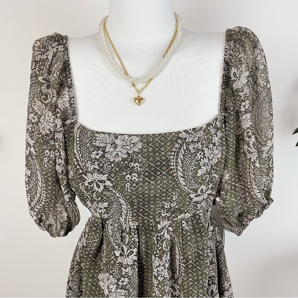 En Saison Teyana Square Neck Cut Out Mini Dress Olive Floral - Picture 3 of 7